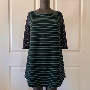 Postmark Navy Green Striped Shift Dress Lace Sleeves Small